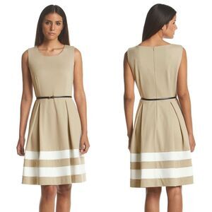 New! CALVIN KLEIN Women's Belted Ponte Knit Striped Hem Dress Color Khaki/Ivory